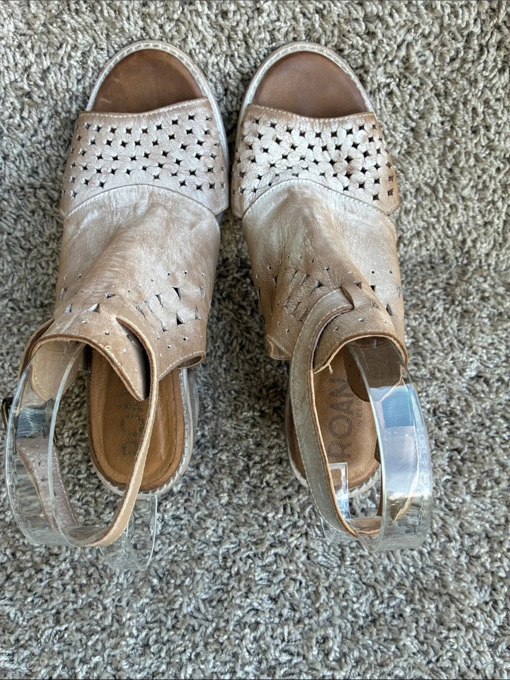 Roan by Bed|Stu Christine P Distressed Tan Laser-Cut Slingback Heels size 8.5